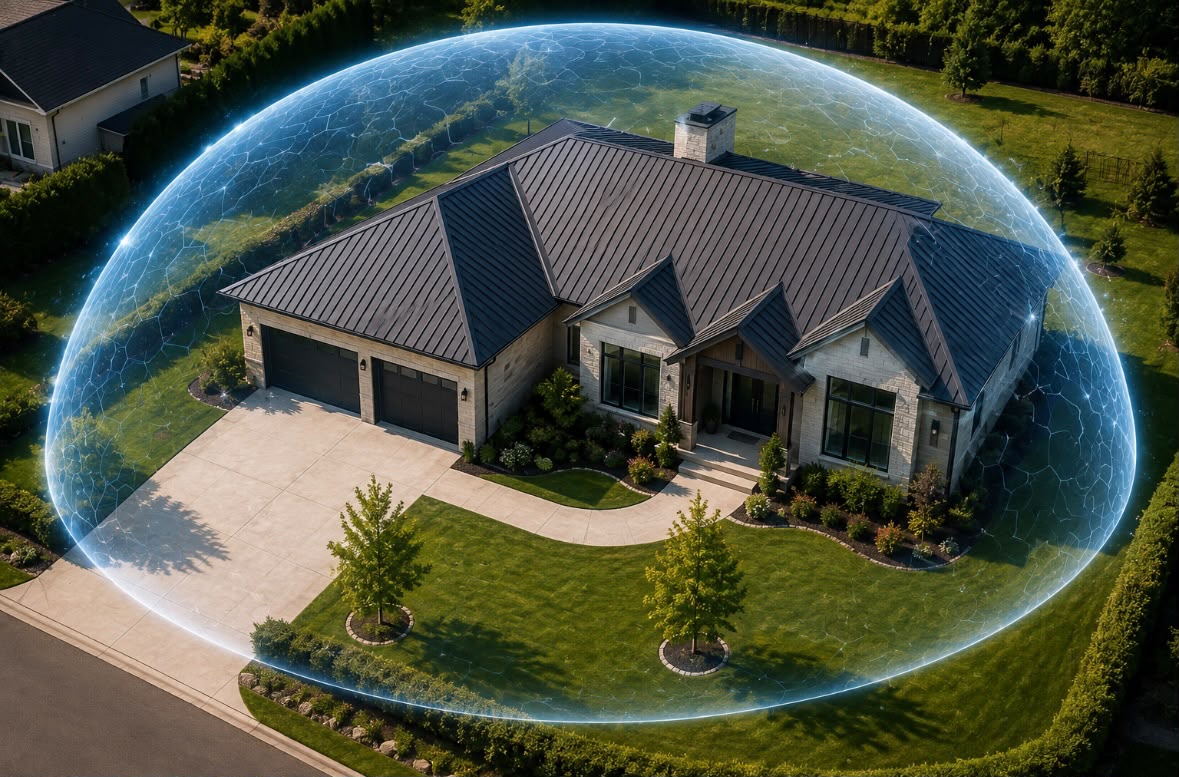 Maison résidentielle entourée d’un dôme de protection bleu translucide